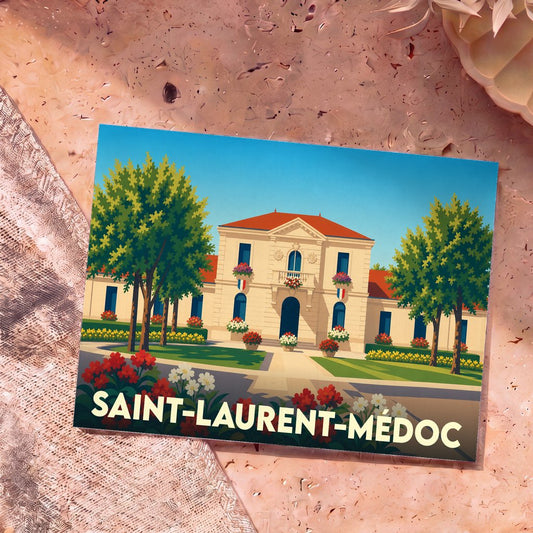 Carte postale souvenir de la ville de Saint-Laurent-Médoc avec une illustration stylisée de sa mairie.