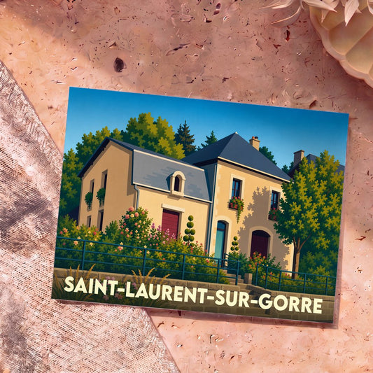 Carte postale souvenir de la ville de Saint-Laurent-sur-Gorre avec une illustration stylisée d'une maison fleurie.
