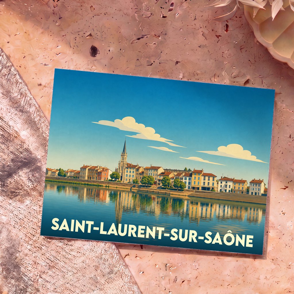 Carte postale souvenir de la ville de Saint-Laurent-sur-Saône illustrant les quais de Saône dans un style graphique épuré.