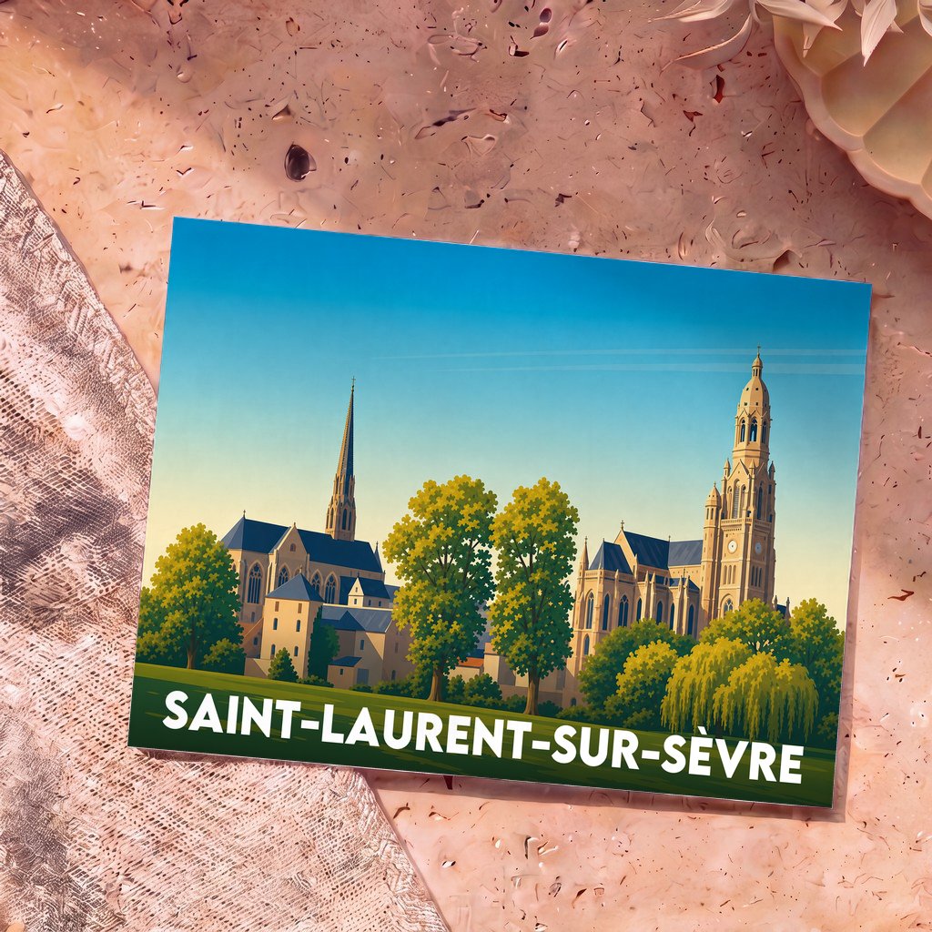 Carte postale souvenir de la ville de Saint-Laurent-sur-Sèvre avec une illustration stylisée de son architecture emblématique.