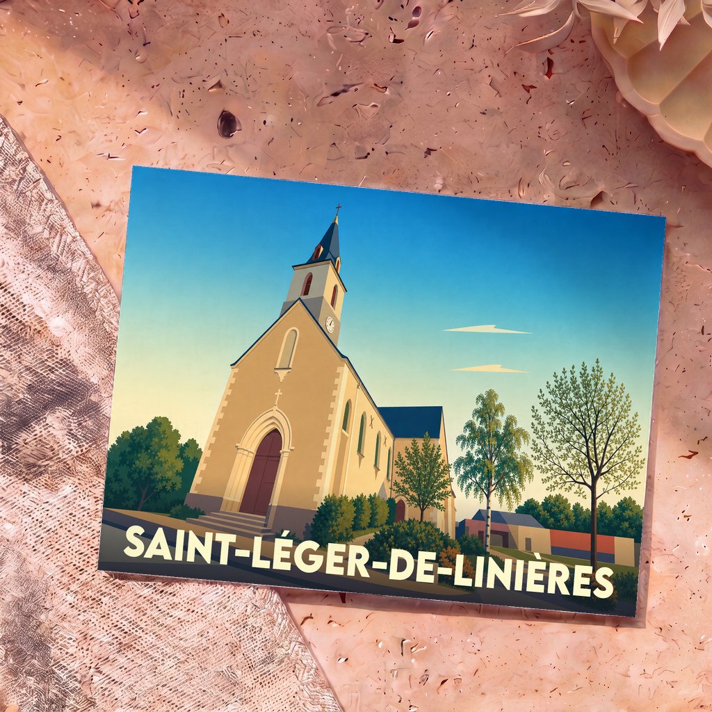 Carte postale souvenir de la commune de Saint-Léger-de-Linières avec une illustration stylisée de son église.