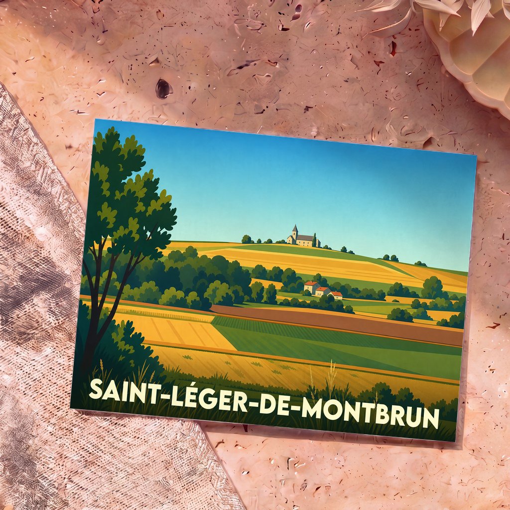 Carte postale souvenir de la ville de Saint-Léger-de-Montbrun illustrant un paysage de campagne vallonné.