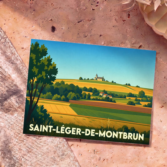 Carte postale souvenir de la ville de Saint-Léger-de-Montbrun illustrant un paysage de campagne vallonné.