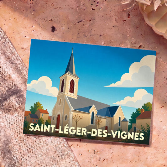 Carte postale souvenir de la ville de Saint-Léger-des-Vignes avec une illustration stylisée de son église.