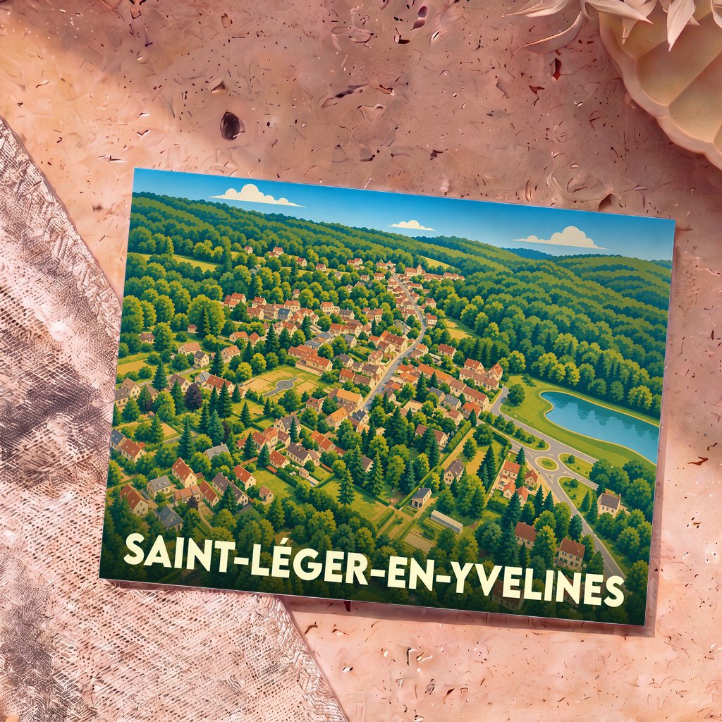 Carte postale souvenir de la ville de Saint-Léger-en-Yvelines avec une illustration stylisée d'un village niché en pleine forêt.