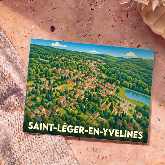 Carte postale souvenir de la ville de Saint-Léger-en-Yvelines avec une illustration stylisée d'un village niché en pleine forêt.
