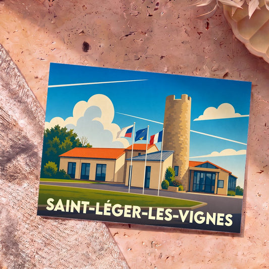 Carte postale souvenir de Saint-Léger-les-Vignes arborant une illustration stylisée et colorée de la mairie et de sa tour.