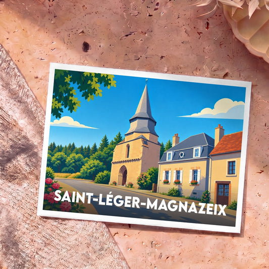 Carte postale souvenir de Saint-Léger-Magnazeix avec une illustration stylisée de son église et de ses maisons.