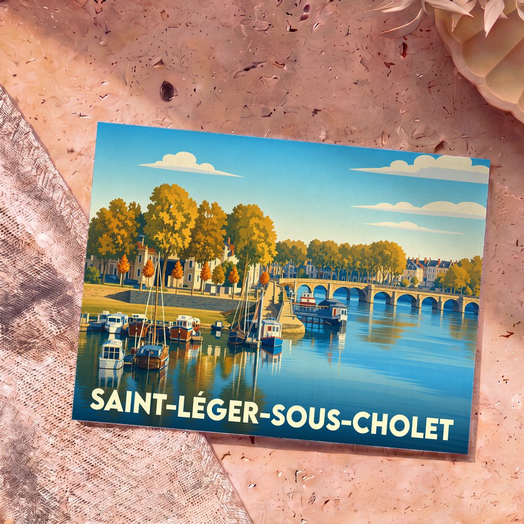 Carte postale souvenir de la ville de Saint-Léger-sous-Cholet avec une illustration stylisée d'un port fluvial et d'un pont de pierre.