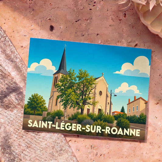 Carte postale souvenir de la ville de Saint-Léger-sur-Roanne avec une illustration stylisée de son église.