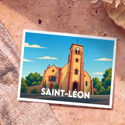 Carte postale souvenir de la ville de Saint-Léon représentant son église avec une illustration stylisée.
