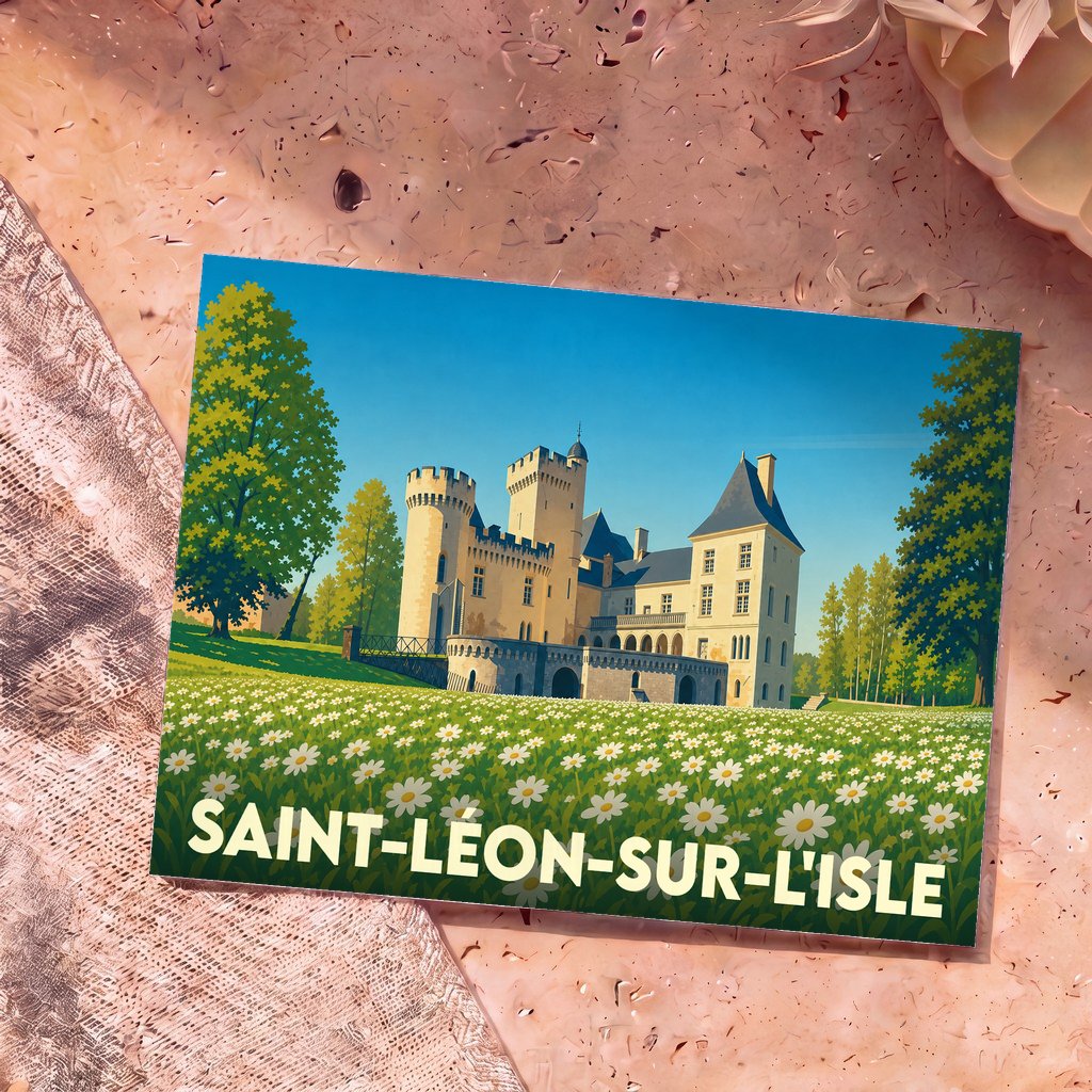 Carte postale souvenir de Saint-Léon-sur-l'Isle illustrant son château entouré d'un champ de fleurs.