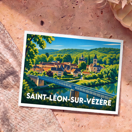 Carte postale souvenir de la ville de Saint-Léon-sur-Vézère avec une illustration colorée et stylisée de son paysage fluvial.