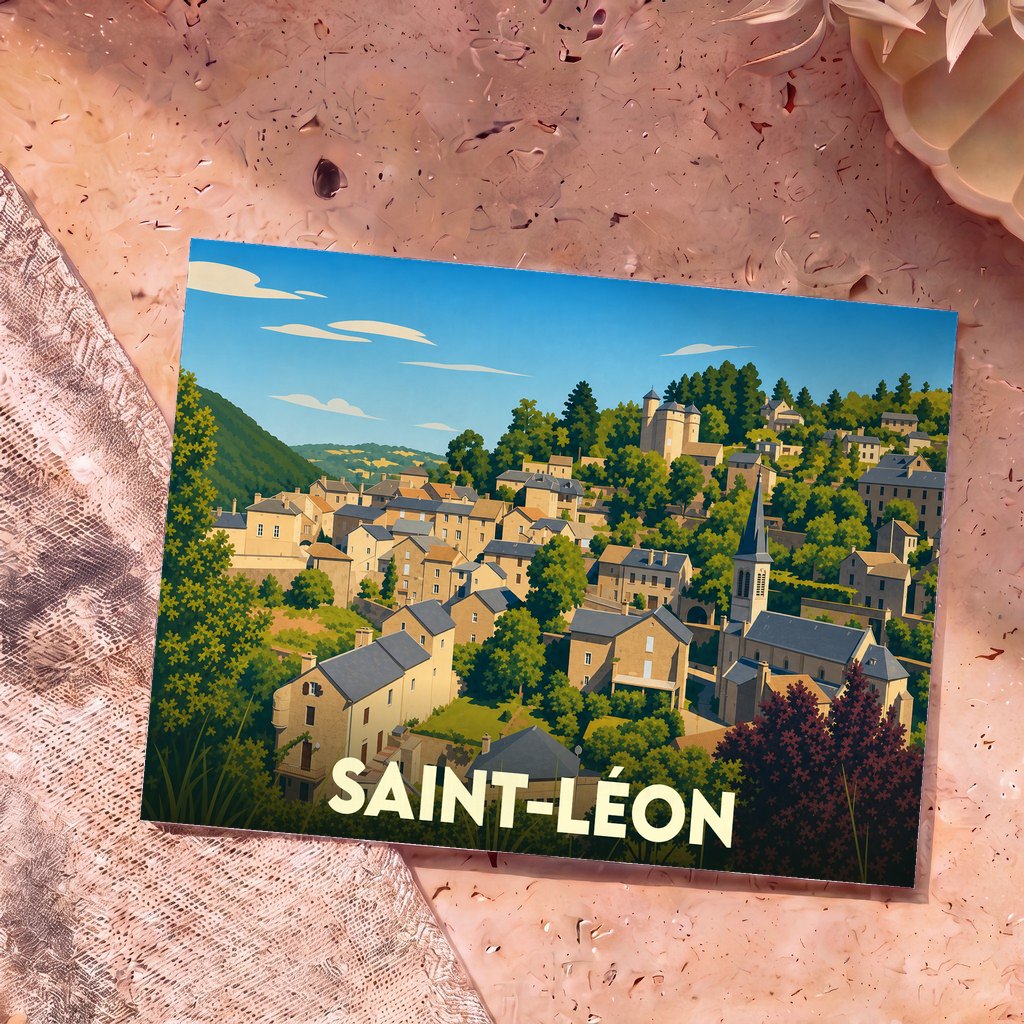 Carte postale souvenir de la ville de Saint-Léon avec une illustration stylisée d'un village médiéval perché.