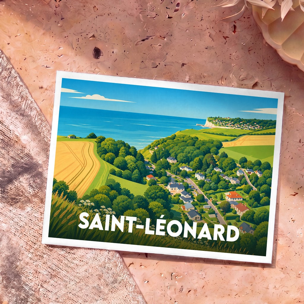 Carte postale souvenir de la ville de Saint-Léonard avec une illustration stylisée de son paysage côtier et champêtre.