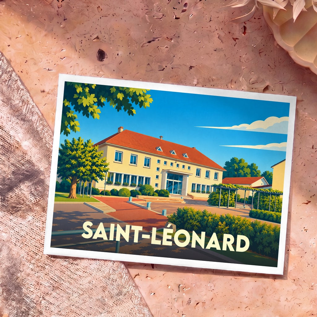 Carte postale souvenir de la ville de Saint-Léonard avec une illustration stylisée de sa mairie.