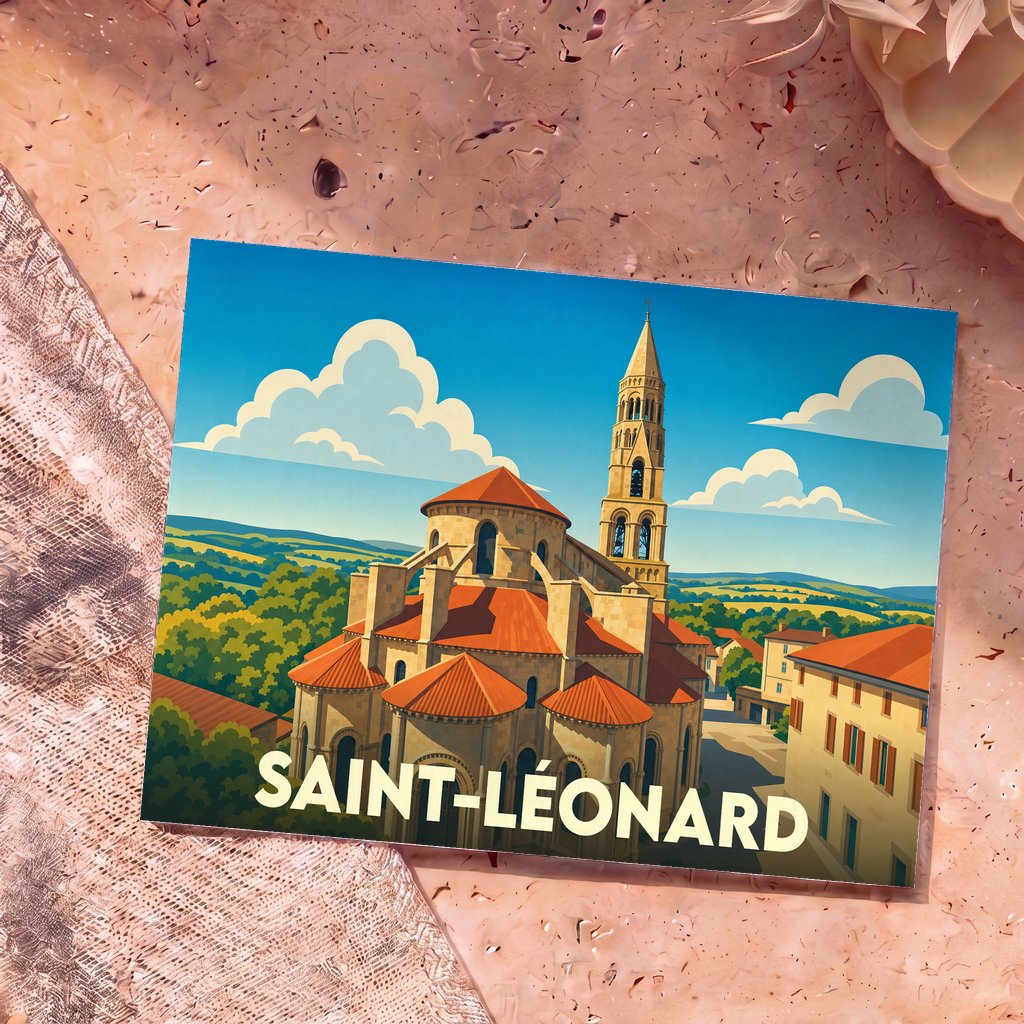 Carte postale souvenir de la ville de Saint-Léonard avec une illustration stylisée de sa collégiale.