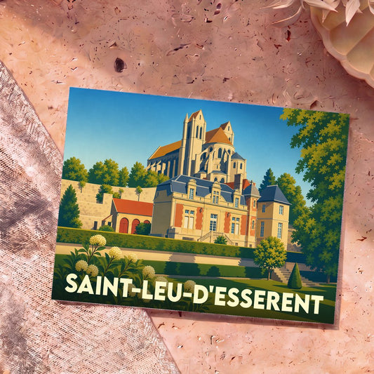 Carte postale souvenir de la ville de Saint-Leu-d'Esserent avec une illustration stylisée de son église et de son château.