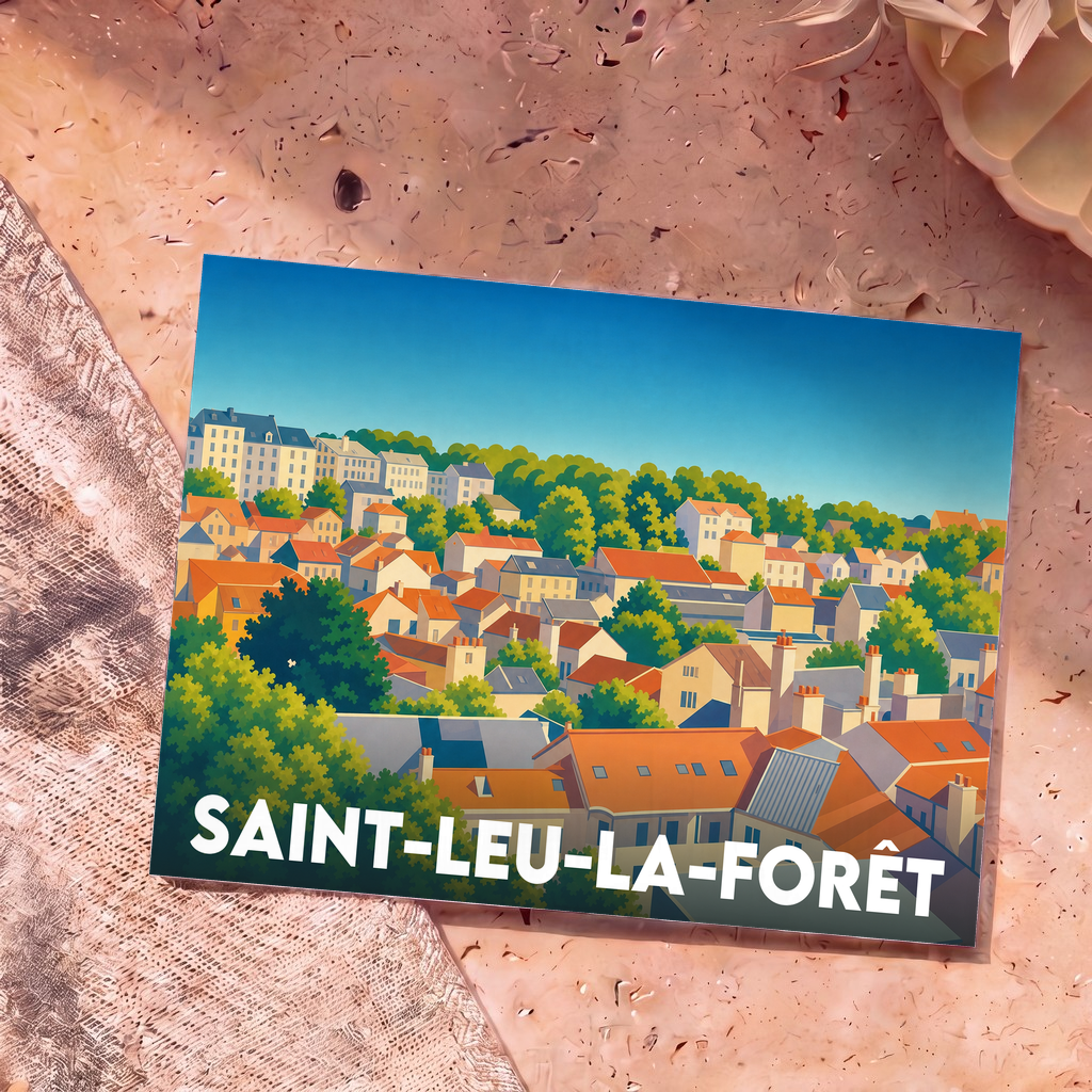 Carte postale souvenir de la ville de Saint-Leu-la-Forêt illustrant un panorama coloré de ses maisons et de sa forêt.