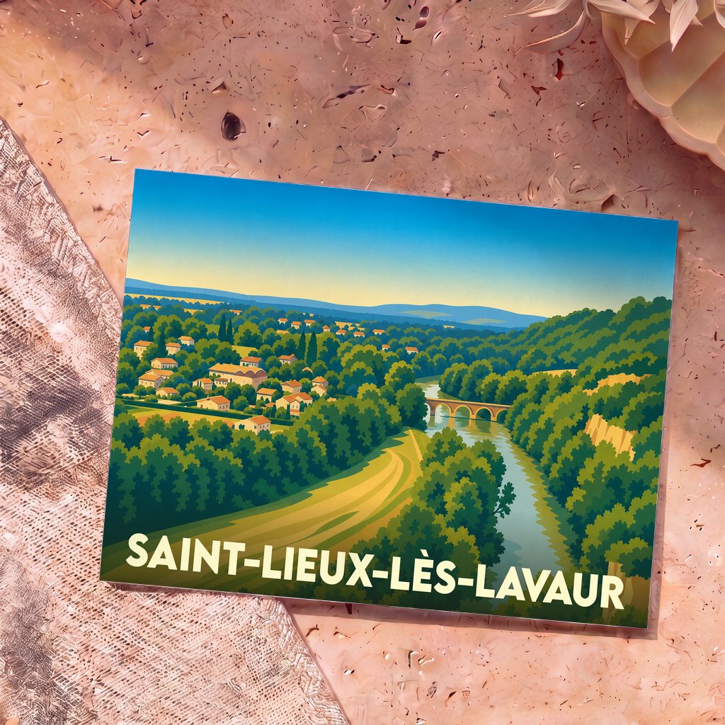 Carte postale souvenir de la ville de Saint-Lieux-lès-Lavaur avec une illustration stylisée de son paysage.