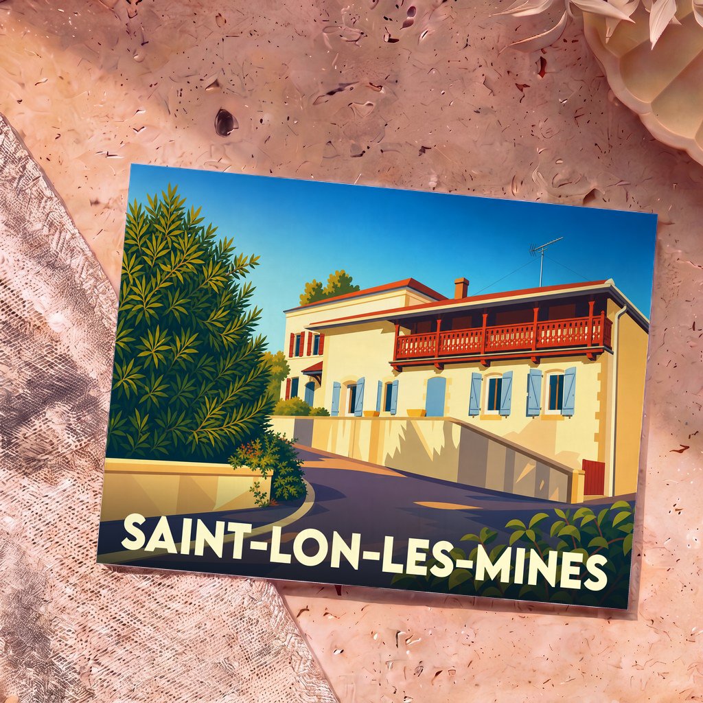 Carte postale souvenir de la ville de Saint-Lon-les-Mines avec une illustration stylisée d'une maison landaise traditionnelle.