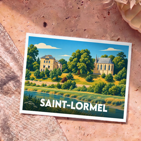 Carte postale souvenir de la ville de Saint-Lormel avec une illustration stylisée.