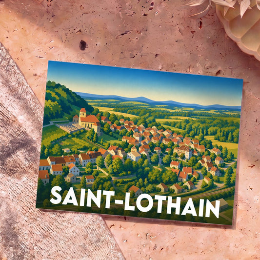 Carte postale souvenir de la ville de Saint-Lothain avec une illustration stylisée.