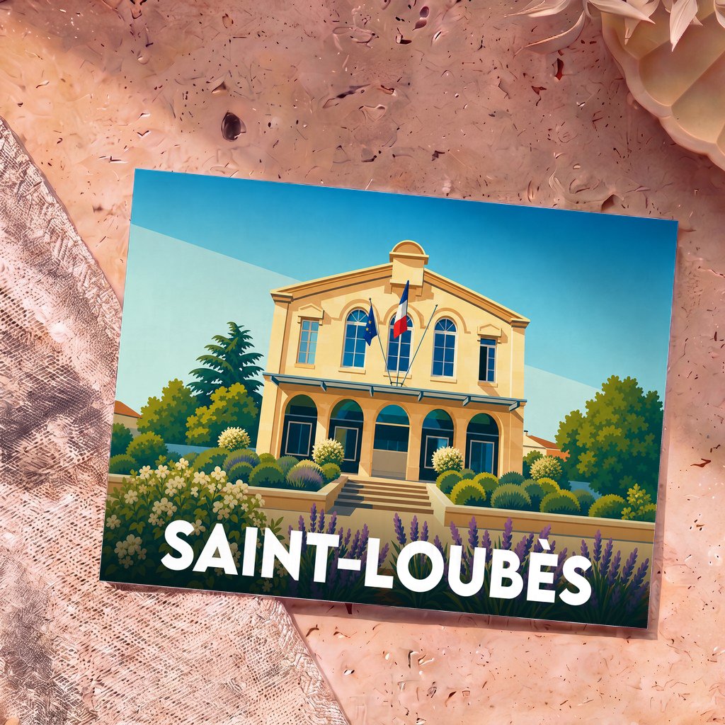 Carte postale souvenir de la ville de Saint-Loubès avec une illustration stylisée de sa mairie.
