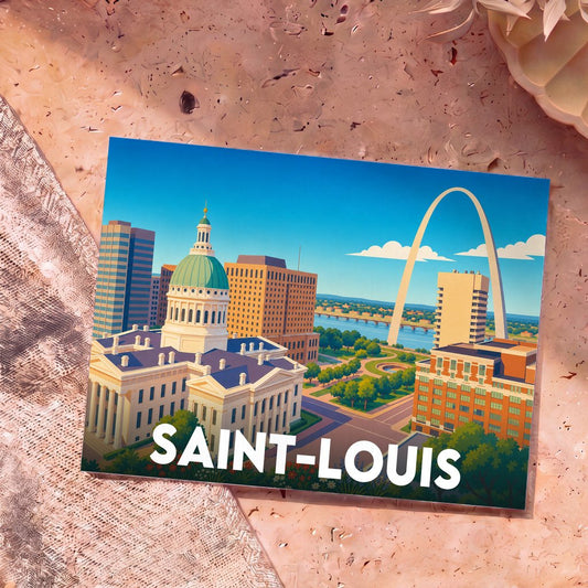 Carte postale souvenir de la ville de Saint-Louis avec une illustration stylisée de ses monuments emblématiques.
