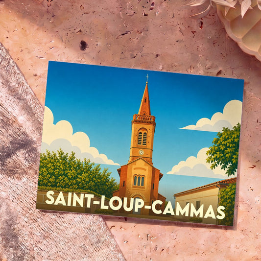 Carte postale souvenir de la ville de Saint-Loup-Cammas avec une illustration stylisée de son église sous un ciel bleu.