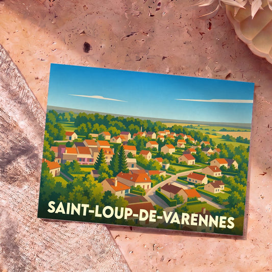 Carte postale souvenir de Saint-Loup-de-Varennes présentant une vue aérienne illustrée et colorée du village.