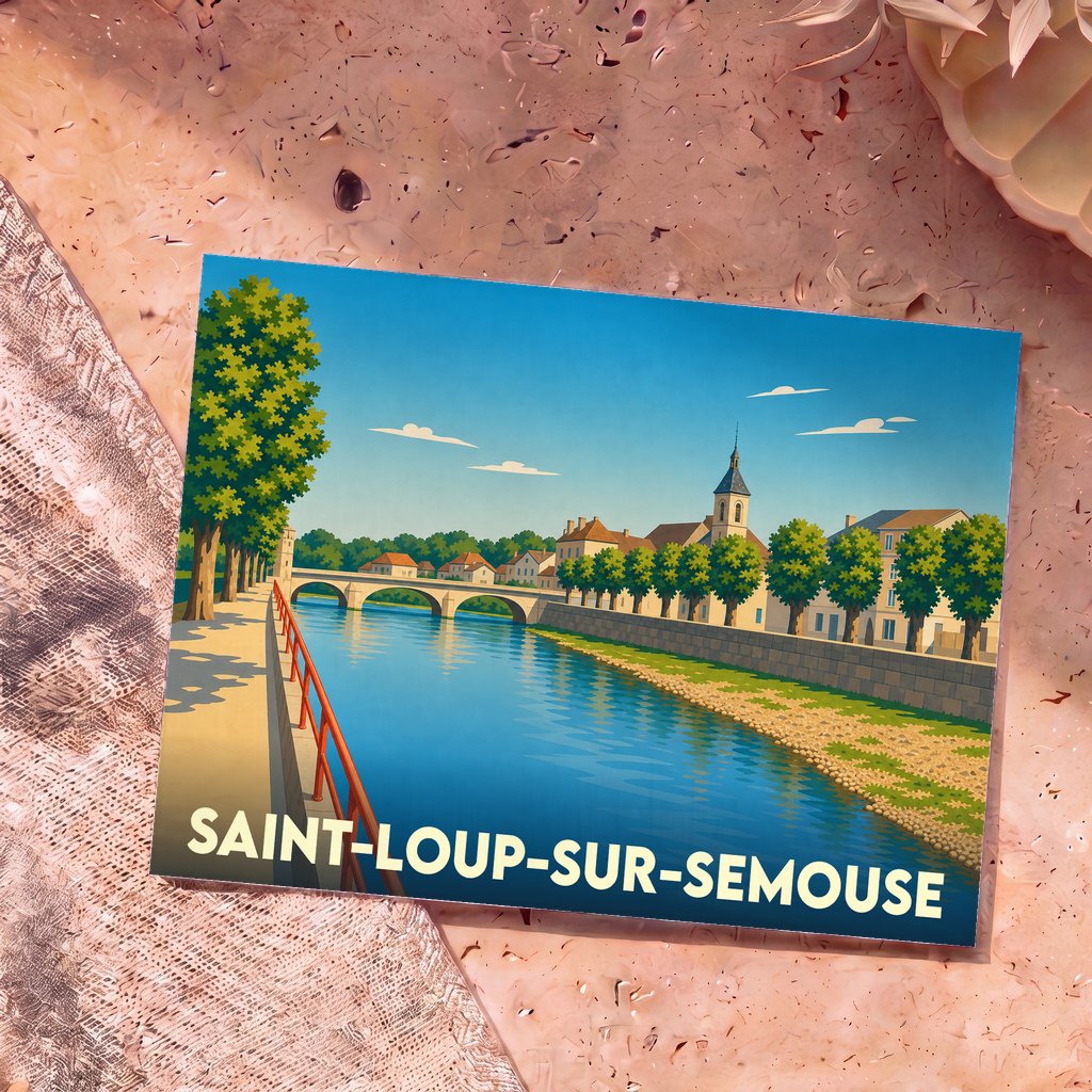 Carte postale souvenir de la ville de Saint-Loup-sur-Semouse avec une illustration stylisée des bords de la rivière et de son pont.