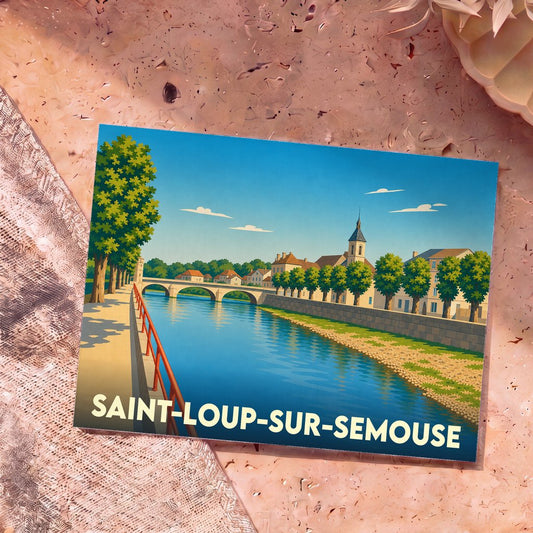Carte postale souvenir de la ville de Saint-Loup-sur-Semouse avec une illustration stylisée des bords de la rivière et de son pont.