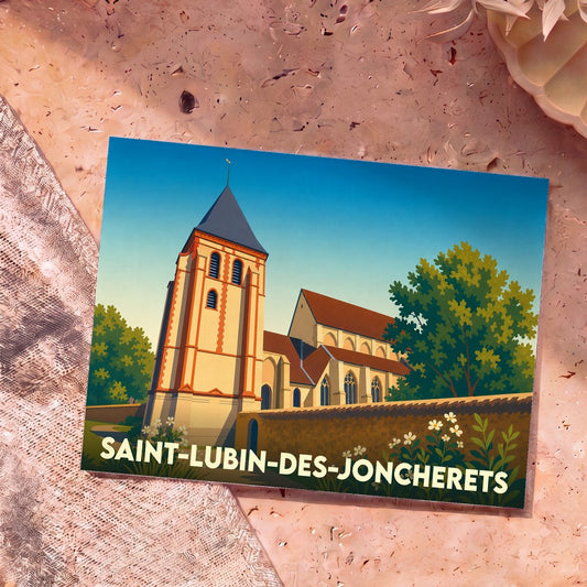 Carte postale souvenir de la ville de Saint-Lubin-des-Joncherets avec une illustration stylisée de son église.