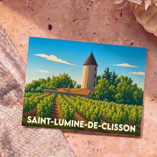 Carte postale souvenir de la ville de Saint-Lumine-de-Clisson avec une illustration stylisée d'un vignoble et d'une tour.