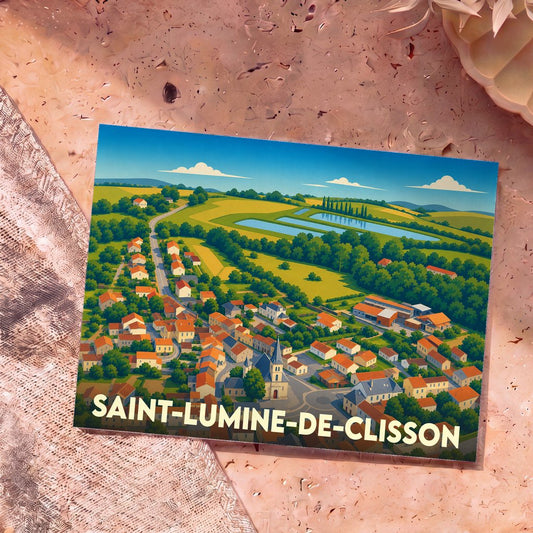 Carte postale souvenir de Saint-Lumine-de-Clisson avec une vue aérienne illustrée et colorée du village.