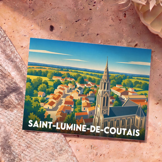 Carte postale souvenir de la ville de Saint-Lumine-de-Coutais avec une illustration stylisée d'un village et son église.