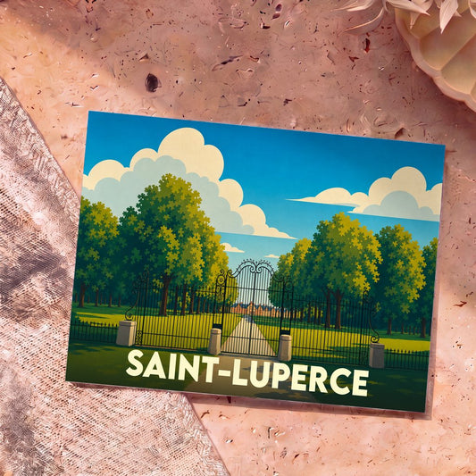 Carte postale souvenir de la ville de Saint-Luperce avec une illustration stylisée d'un parc boisé.