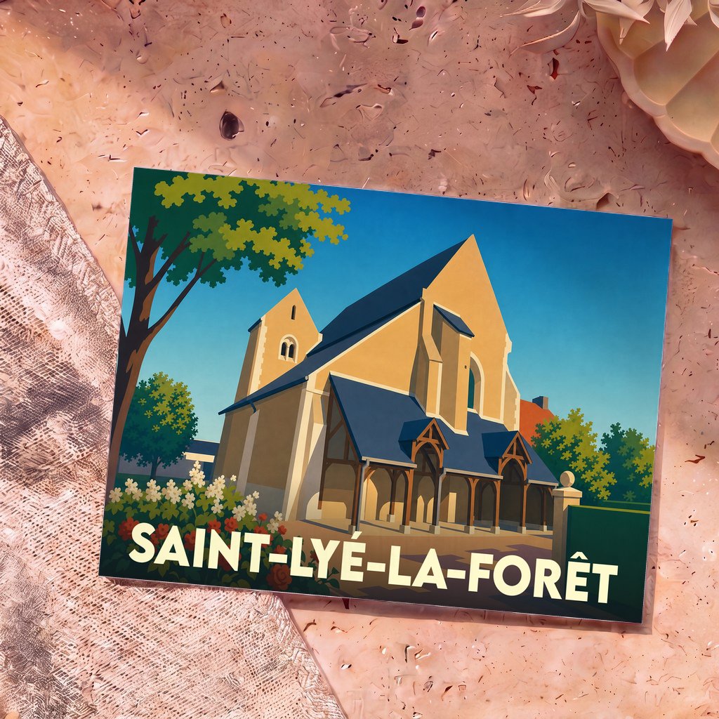 Carte postale souvenir de la ville de Saint-Lyé-la-Forêt avec une illustration stylisée de son église.