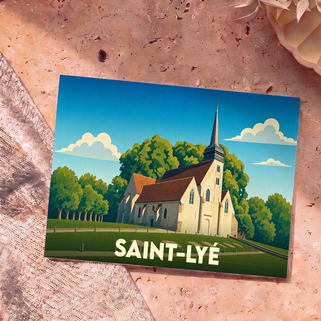 Carte postale souvenir de la ville de Saint-Lyé avec une illustration stylisée de son église entourée de verdure.