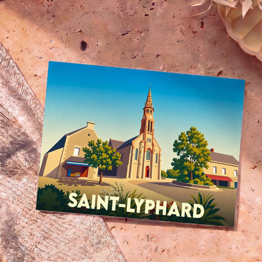 Carte postale souvenir de la ville de Saint-Lyphard avec une illustration stylisée de son église et de ses maisons traditionnelles.