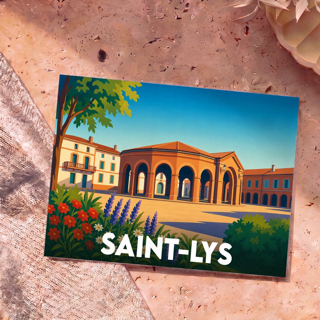 Carte postale souvenir de la ville de Saint-Lys avec une illustration stylisée de sa halle centrale.