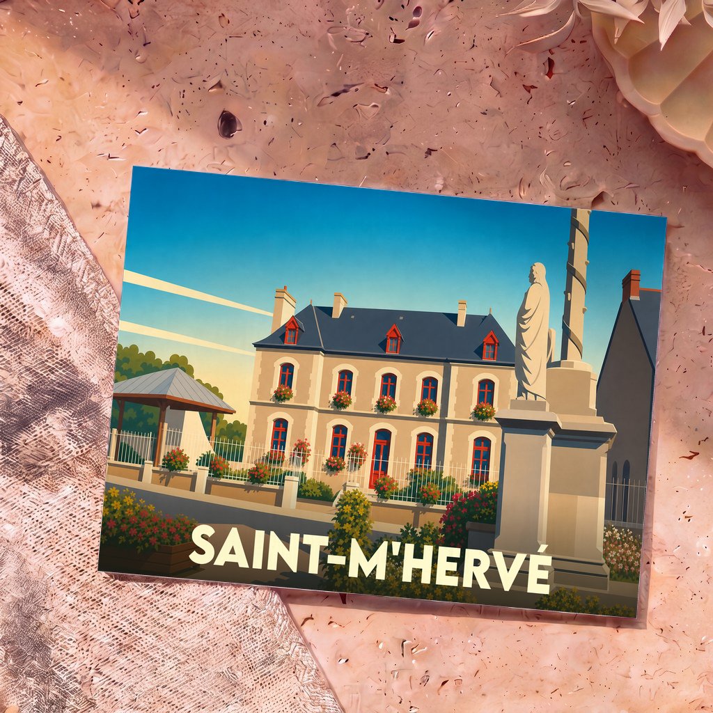 Carte postale souvenir de la ville de Saint-M'Hervé avec une illustration stylisée d'un bâtiment historique et d'une statue.