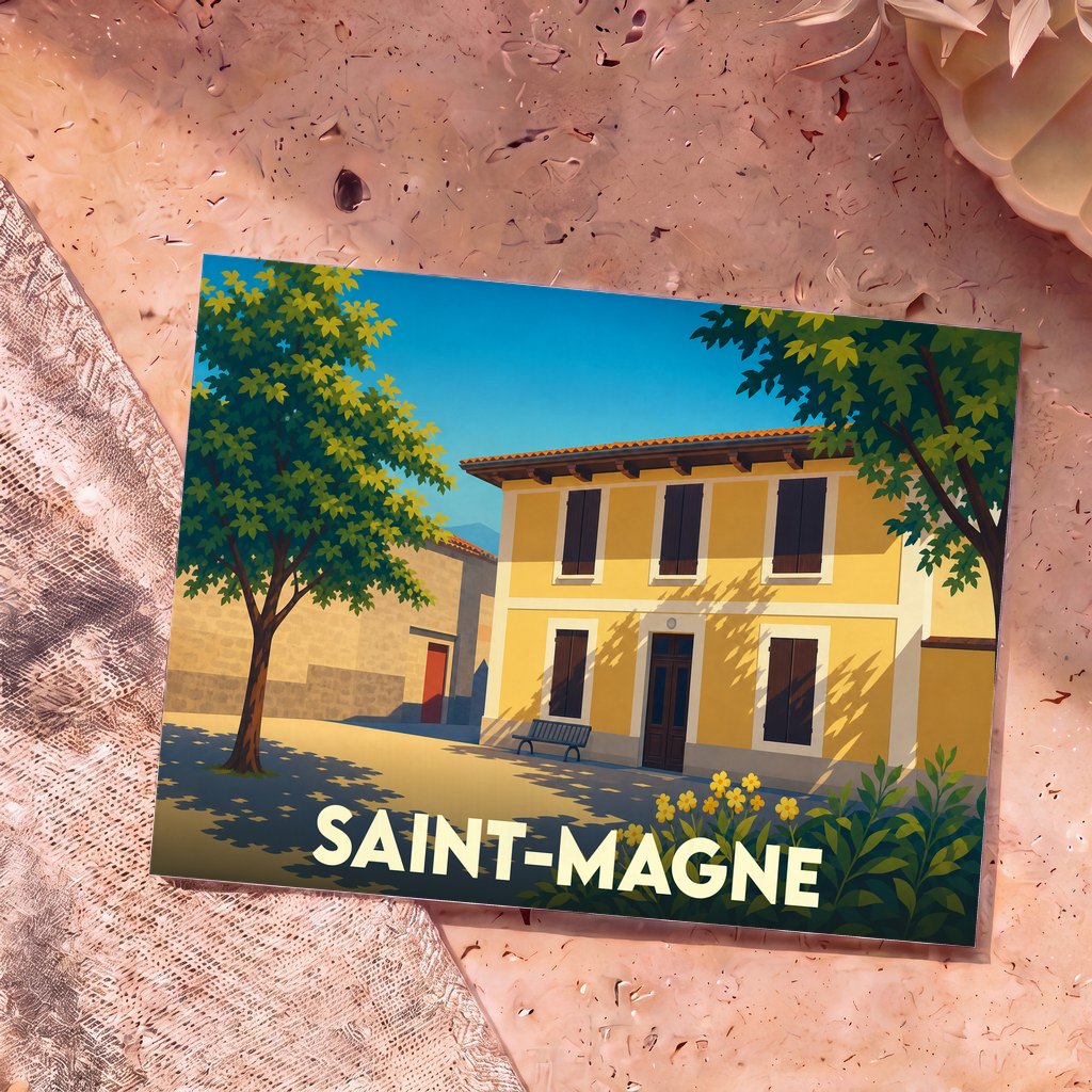 Carte postale souvenir de la ville de Saint-Magne avec une illustration stylisée d'une maison ensoleillée.