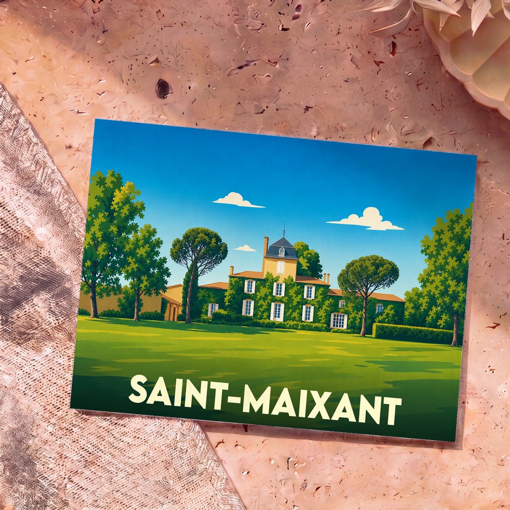 Carte postale souvenir de la ville de Saint-Maixant avec une illustration stylisée d'une demeure entourée d'un parc.