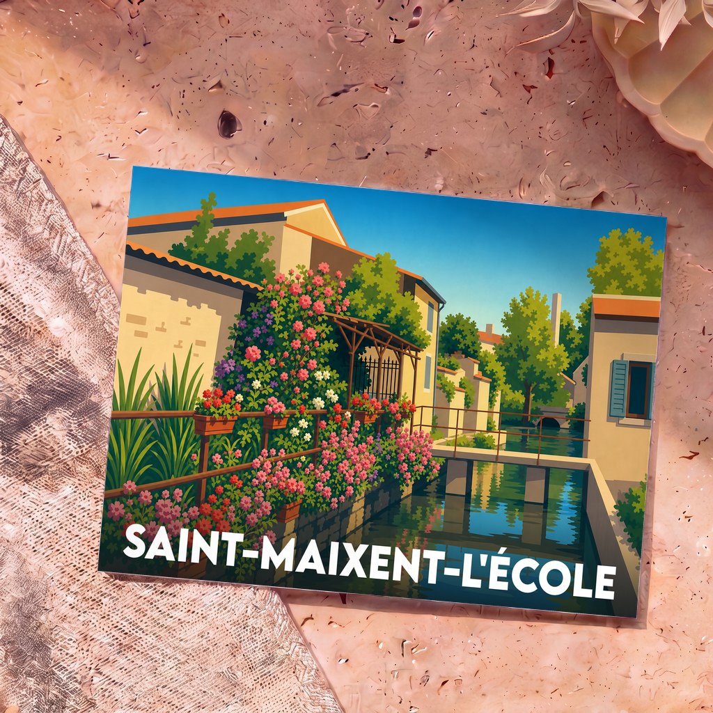 Carte postale souvenir de la ville de Saint-Maixent-l'École avec une illustration colorée représentant un canal fleuri.