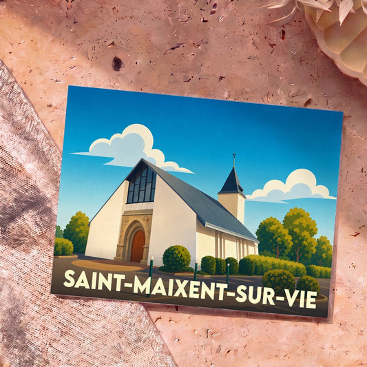 Carte postale souvenir de la ville de Saint-Maixent-sur-Vie avec une illustration stylisée de son église.