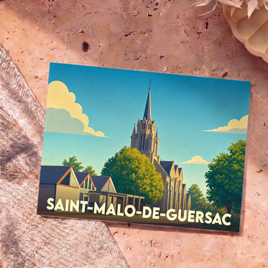 Carte postale souvenir de la ville de Saint-Malo-de-Guersac avec une illustration stylisée de son église et de ses maisons.
