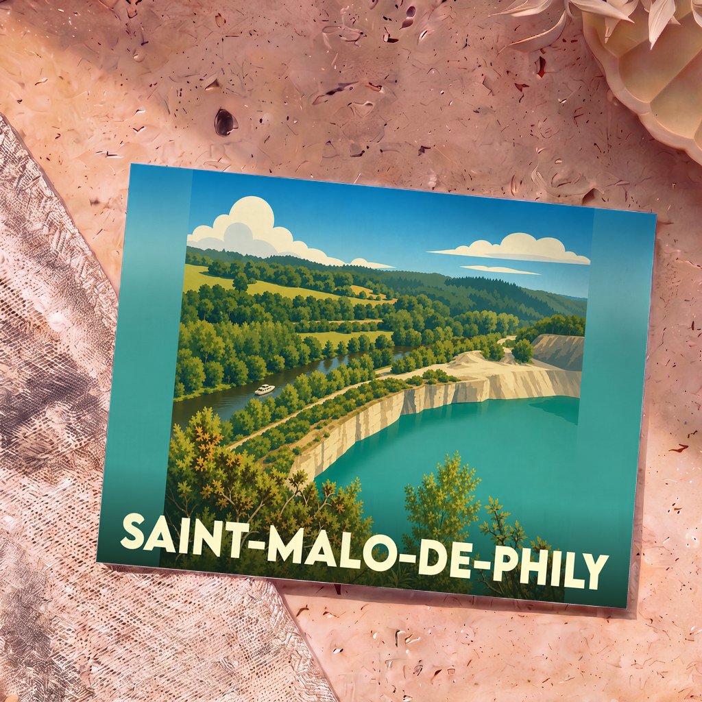 Carte postale souvenir de Saint-Malo-de-Phily avec une illustration stylisée de ses carrières et de la Vilaine.