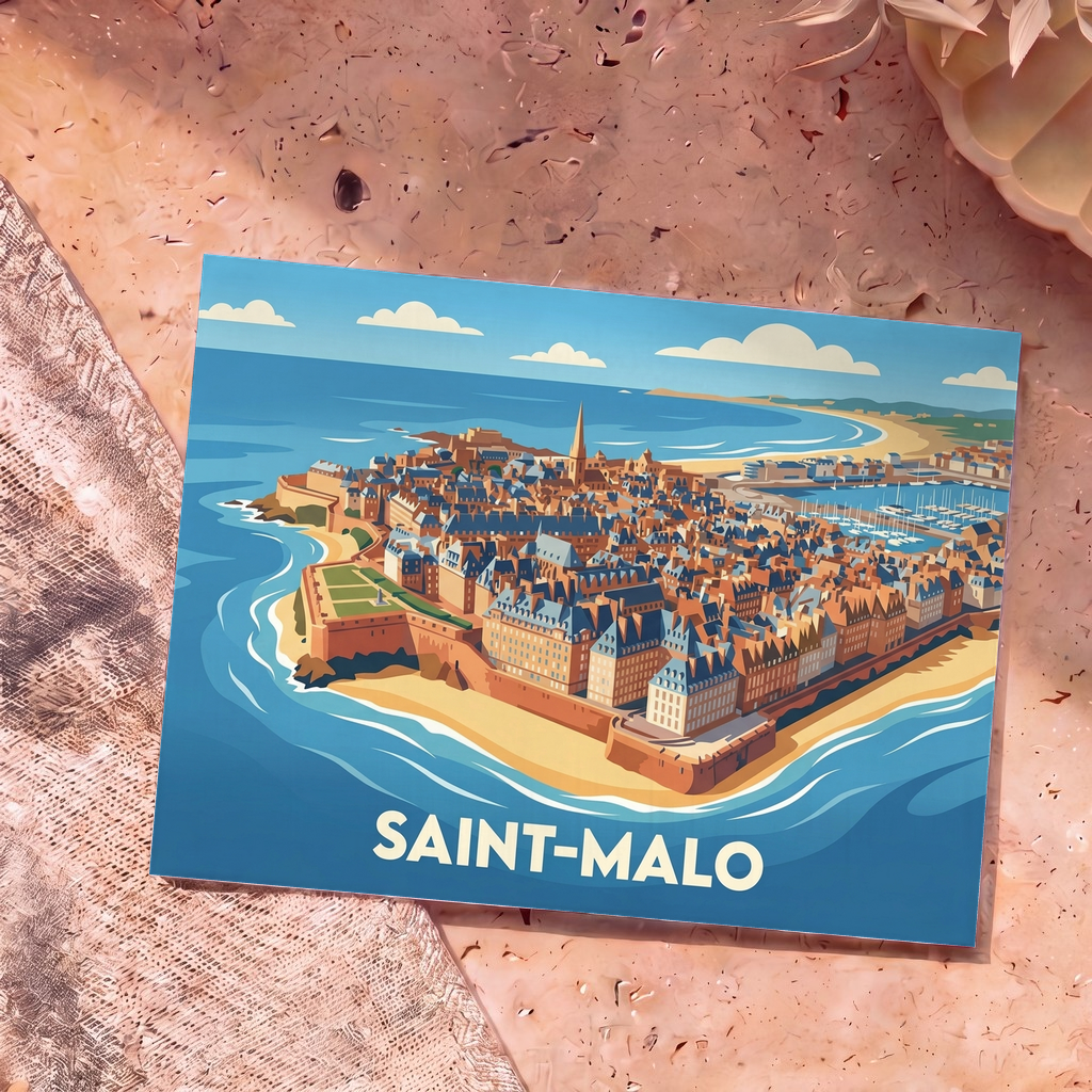 Carte postale souvenir de la ville de Saint-Malo avec une illustration stylisée de ses remparts et de la mer.